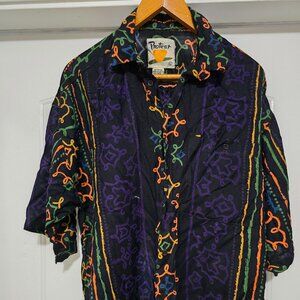 Men's Shirt Rayon Black Neon Colors Collar Button Front Protest size Large